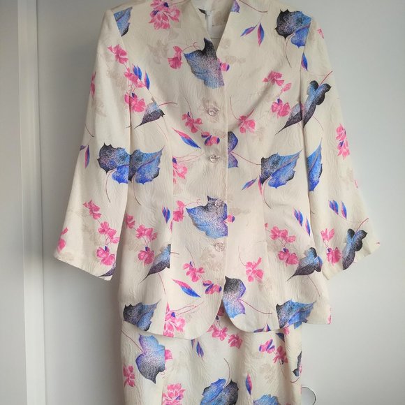 Vintage 80s white floral 2 piece dress jacket suit NWOT - Picture 1 of 15